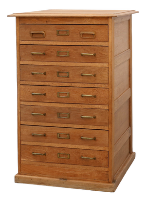 Industrial Oak Filing Cabinet with Brass Handles, United Kingdom, 1920s