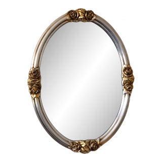 Vintage Oval Silver Bevelled Mirror With Rose Accents For Sale