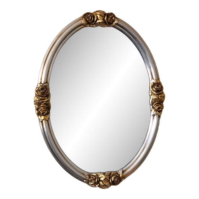 Vintage Oval Silver Bevelled Mirror With Rose Accents For Sale