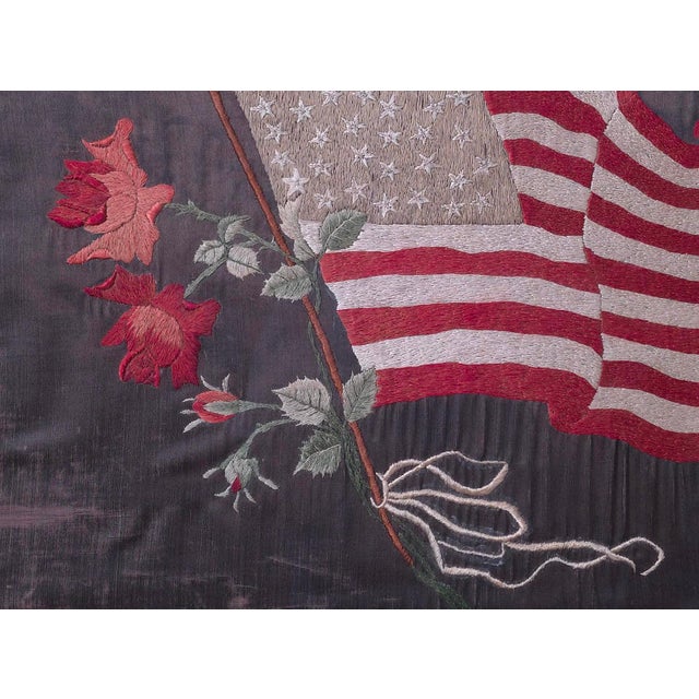 47 Star American Flag Silk Embroidered Picture With Roses, Circa 1912 For Sale - Image 4 of 8