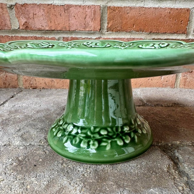 Bordallo Pinheiro Bordallo Pinheiro Rabbit Green Majolica Pedestal Cake Stand / Platter — 13” For Sale - Image 4 of 8