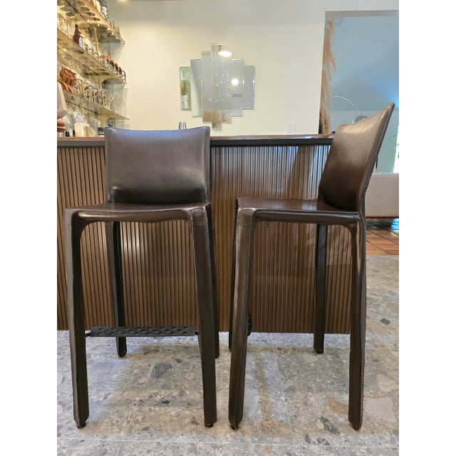 Animal Skin Mario Bellini Brown Leather Cab 410 Stools for Cassina - Set of 2 For Sale - Image 7 of 12