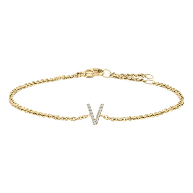 10K Yellow Gold Diamond Accent "V" Initial Charm and Link Bracelet For Sale