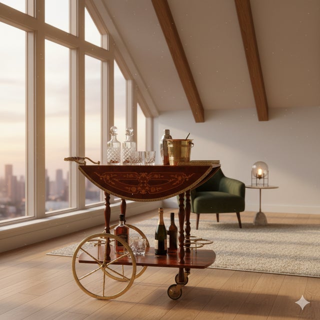 1960s Vintage Hollywood Regency Italian Folding‑Leaf Bar Cart in Wood & Brass For Sale - Image 11 of 11