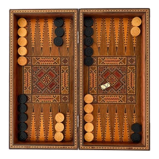 Vintage Moroccan Inlaid Wood Backgammon Game Box For Sale