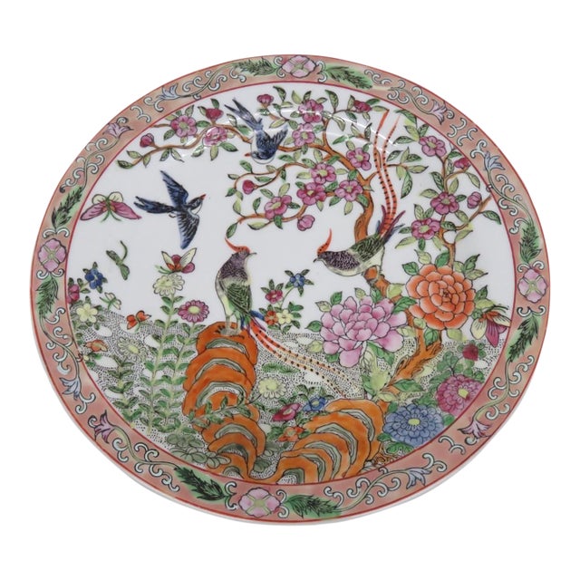 Famille Rose Macau Hand Painted Porcelain Plate Raised Exotic Bird Pattern 5058b For Sale