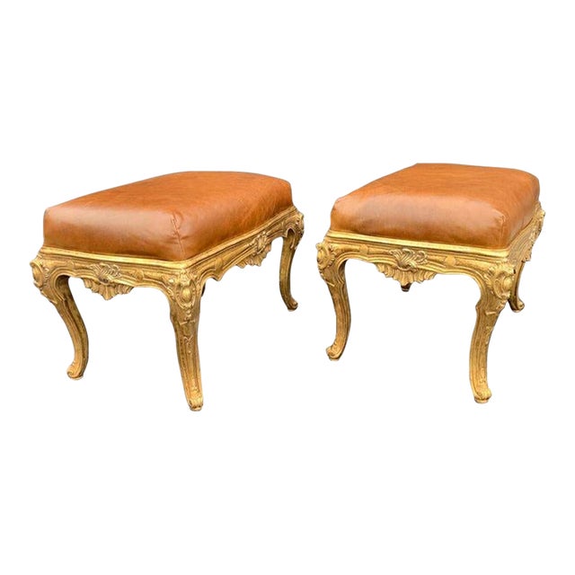 Pair of Italian Gilt-Wood Benches With Brown Leather Upholstery, 20th Century. For Sale