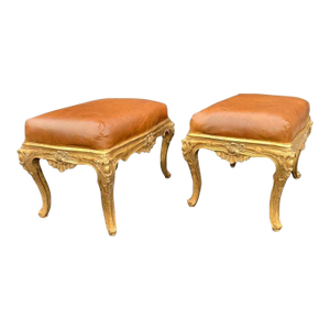 Pair of Italian Gilt-Wood Benches With Brown Leather Upholstery, 20th Century.