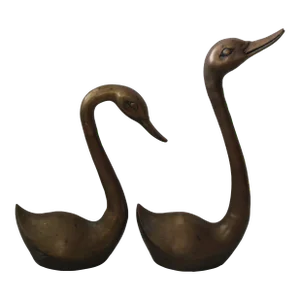 Vintage Mid Century Modern Extra Large Brass Swans With Patina - a Pair