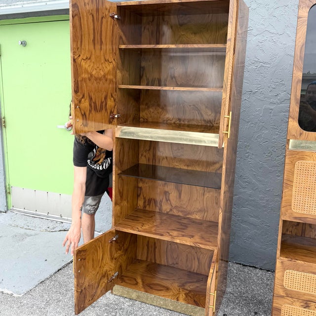1980s Mid Century Modern Burlwood Laminate and Cane Etageres/Wall Unit - Three Pieces For Sale - Image 5 of 12
