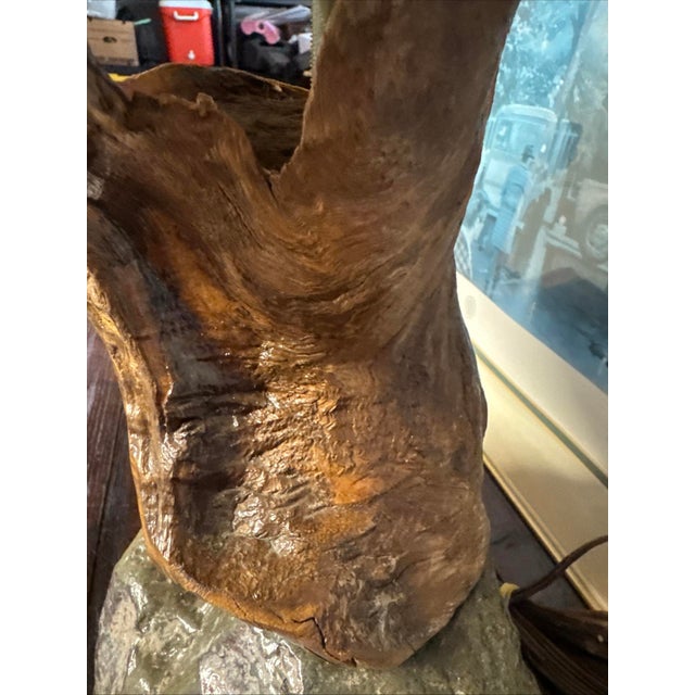 Burnt Umber Large Mid-Century Studio Craft Burl Root & Unakite Stone Lamp With Organic Fiber Shade — 16” For Sale - Image 8 of 17