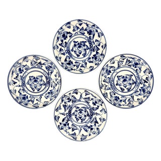 Set of 4 Bat Trang Vietnamese Ceramic Dessert/Salad Plates With Blue & White Lotus Floral Motifs For Sale