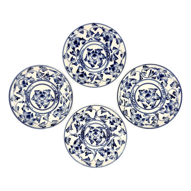 Set of 4 Bat Trang Vietnamese Ceramic Dessert/Salad Plates With Blue & White Lotus Floral Motifs For Sale