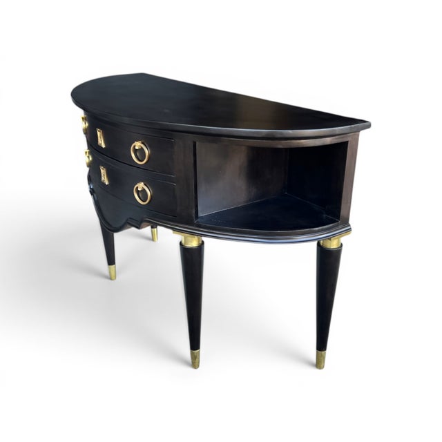 French Provincial Vintage Hollywood Regency Demi-Lune Server in Ebonized Wood With Brass Accents For Sale - Image 3 of 10