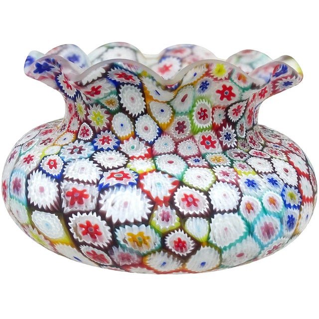 Fratelli Toso Murano Vintage Millefiori Flower Mosaic Rainbow Colors Italian Art Glass Ruffle Rim Vase For Sale - Image 9 of 9