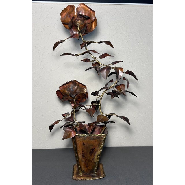 Vintage 1960’s American Brutalist Welded Copper/Brass Roses in Flower Pot Sculpture For Sale - Image 4 of 7
