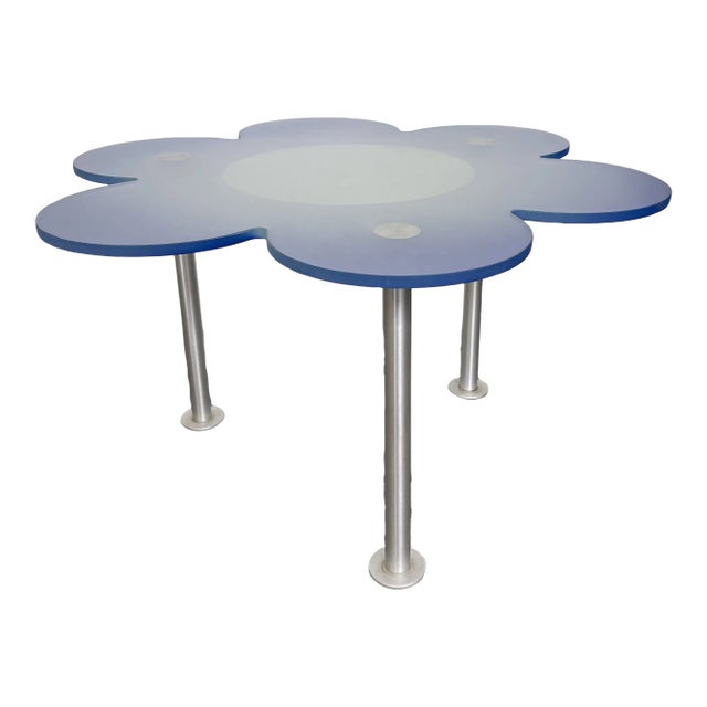 1990s Vintage Glas Italia Blue Daisy Flower Glass Table For Sale