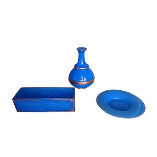 Blue Opaline Glass Bowl, Bottle and Plate with Gold Ornament, Set of 3 For Sale