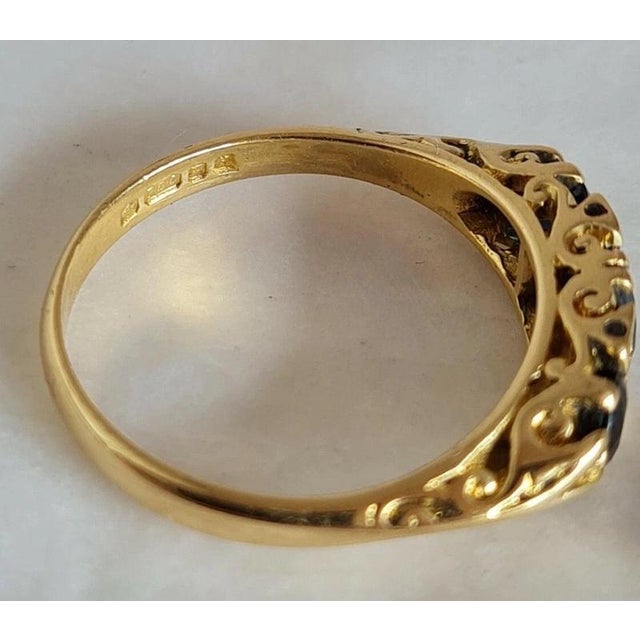 1970s Vintage 18ct Yellow Gold Sapphire and Diamond Three-Stone Ring, 1976 For Sale - Image 5 of 10