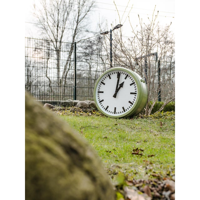 Double-Faced Illuminated Railway Station Clock with Green Quartz Conversion from RFT, Germany, 1950s For Sale - Image 11 of 14
