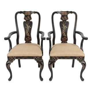 1970s Hollywood Regency Hand Painted Chinoiserie Black Birds Scene Queen Anne Side Arm Chairs-a Pair For Sale