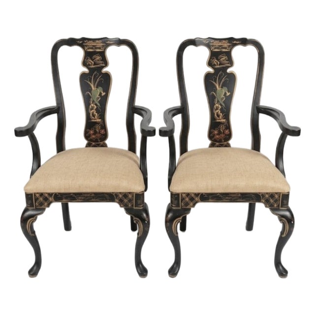 1970s Hollywood Regency Hand Painted Chinoiserie Black Birds Scene Queen Anne Side Arm Chairs-a Pair For Sale