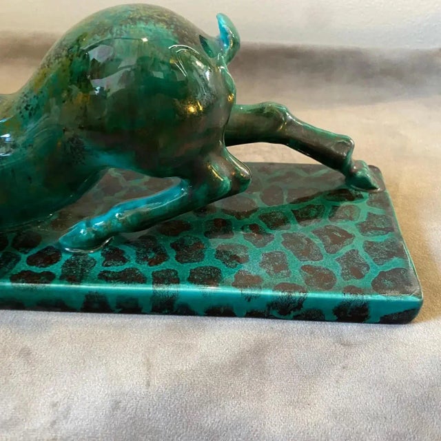 1930s Egisto Fantechi Art Deco Green Ceramic Italian Sculpture of a Fawn For Sale - Image 9 of 12