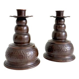 Scandinavian Hammered Copper Candle Holders, Mid-20th Century - A Pair For Sale