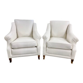 Pair of Custom Pearl White Rolled-Arm Club Chairs For Sale