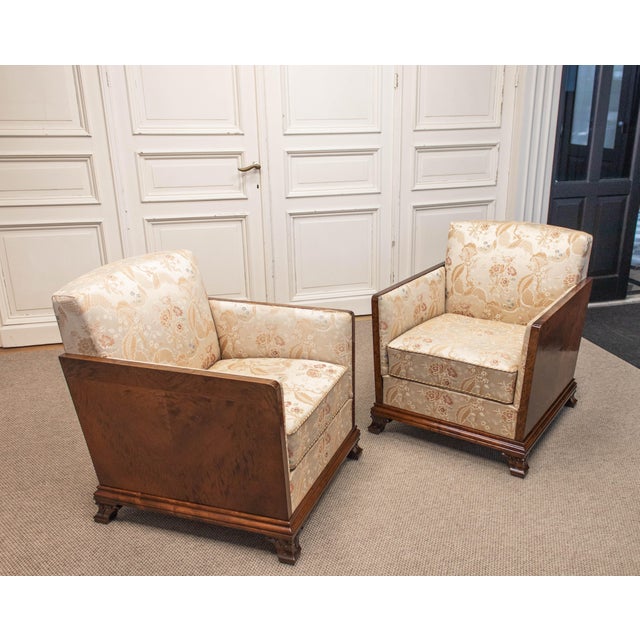 Beige Vintage Swedish Grace Club Chairs with Tiger Wooden Side Panels and Jacquard, 1930s, Set of 2 For Sale - Image 8 of 14
