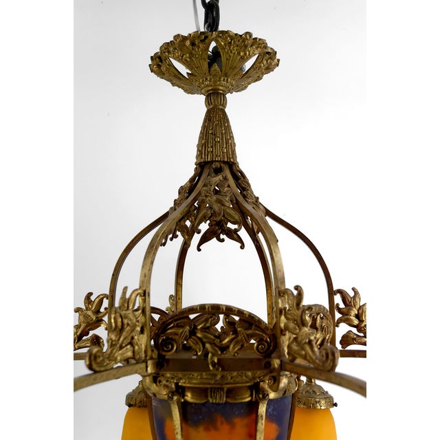 Art Deco Gilded Bronze and Blown Glass Chandelier from Muller Frères Lunéville, France, 1920s For Sale - Image 12 of 17