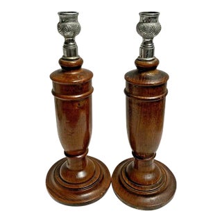 Antique 1890's Oak English Candlesticks Silver Leaf Tops- a Pair For Sale