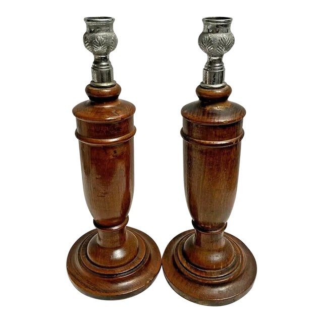 Antique 1890's Oak English Candlesticks Silver Leaf Tops- a Pair For Sale