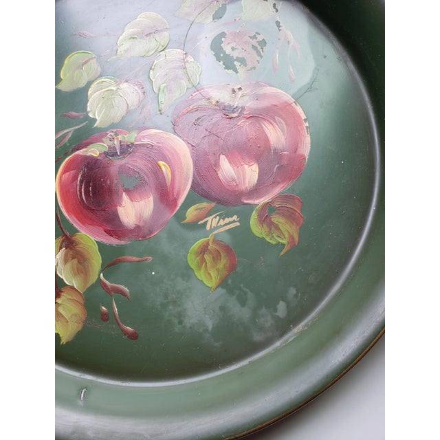 Vintage Hand Painted Tole Large Bowl, Lid With Wood Handle & Round Tole Toleware Tray For Sale - Image 9 of 9