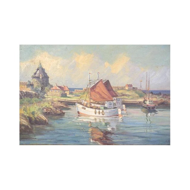 A large oil painting on canvas with motif of fishing boats near shore from around 1930s. Dimensions in cm: H: 95 W: 130...