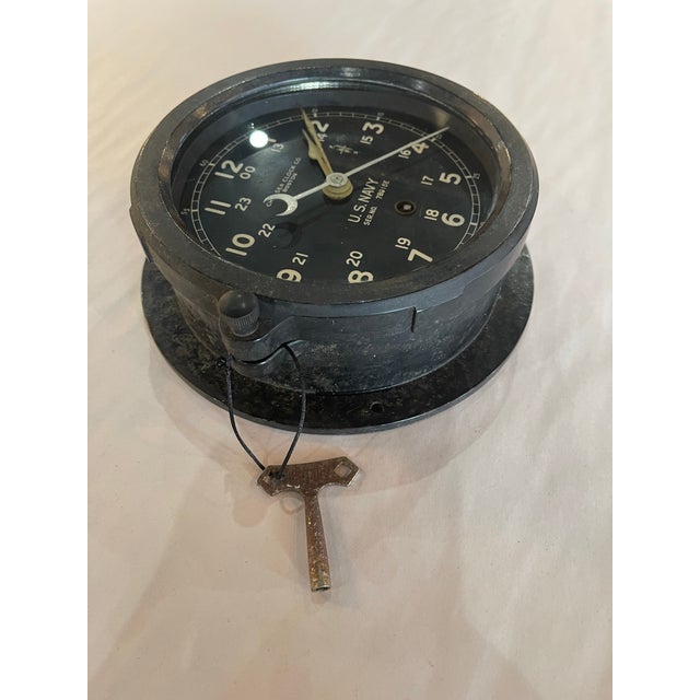 1940s Authentic Wwii Chelsea Clock Co. u.s. Navy Deck Clock in Original Bakelite Case With Key For Sale - Image 5 of 10