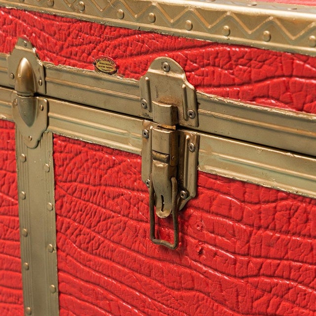 Metal Gold-Plated Metal and Red Leather Trunk, 1950s For Sale - Image 7 of 12