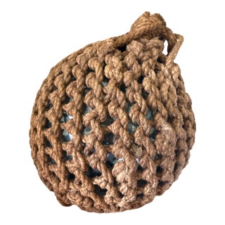Large and Unusual 16-Inch Vintage Japanese Glass Fishing Float With Original Rope Netting For Sale