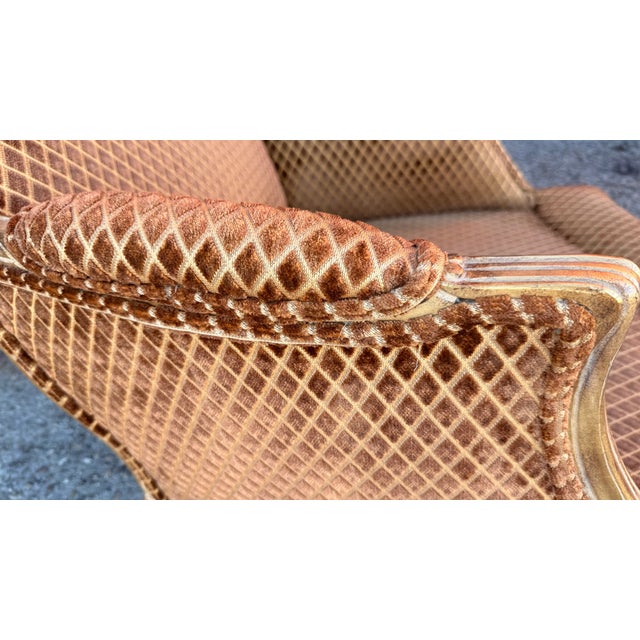 Custom-Made Louis XV–Style Giltwood Bergère Chairs in Diamond-Patterned Velvet (A Pair) For Sale - Image 11 of 14