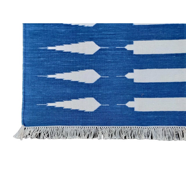 Handmade Cotton Natural Vegetable Dyed Flat Weave Reversible Blue and White Striped Rug - 12'x15' For Sale - Image 10 of 11