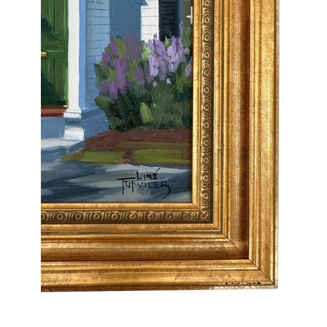 Realism Late 20th Century Original Line Tutwiler Oil Painting - Side Profile Greek Revival Porch With Green Door For Sale - Image 3 of 8