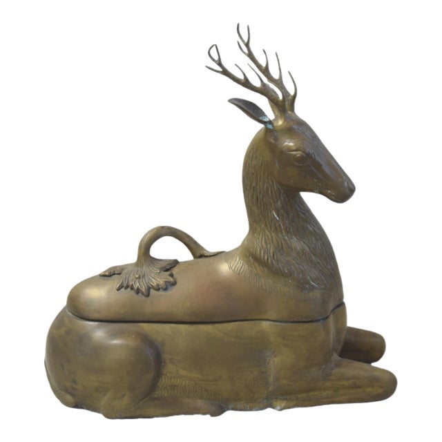 Large Vintage Midcentry Brass Deer Box W/ Handle For Sale