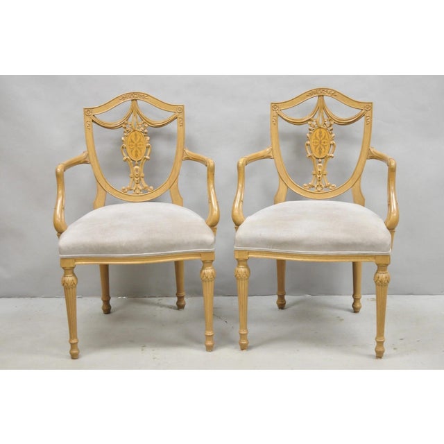 Late 20th Century Hepplewhite Prince of Wales Drape Carved Shield Back Dining Arm Chairs - A Pair For Sale - Image 14 of 14