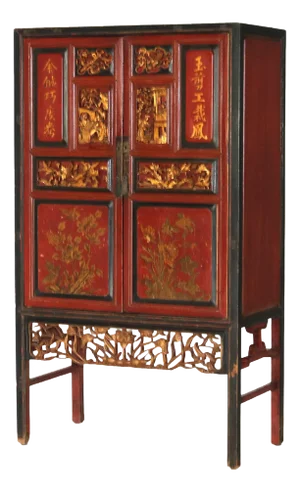 Antique Chinese Gilt Decorated Cinnabar, Ebonized & Floral Carved Wardrobe C1920