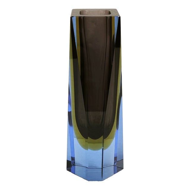 Geometric Faceted Uranium Sommerso Murano Glass Vase, Italy 1960s For Sale