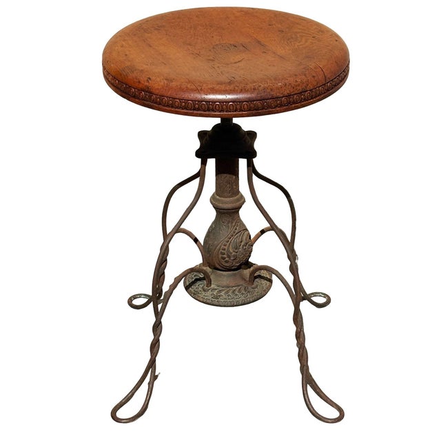 Victorian 19th Century Adjustable Cast Iron Piano Stool W/ Oak Seat by Charles Parker Co. For Sale - Image 3 of 9