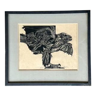 Vintage Framed Hawk Woodcut Art For Sale