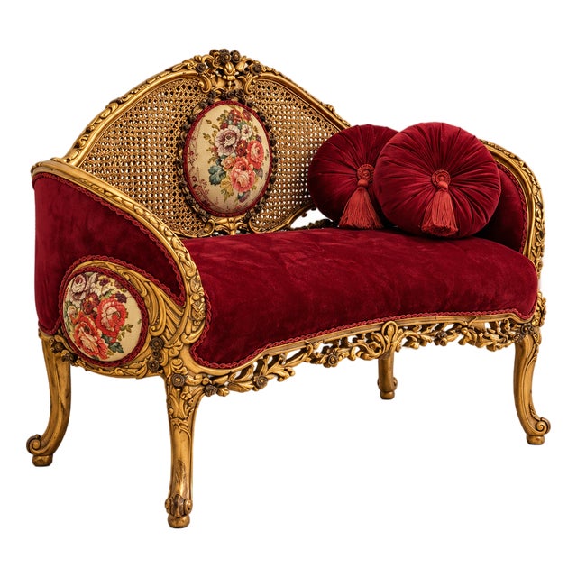 French Rococo Sofa – Burgundy Velvet Upholstery, Gilded Carved Frame & Floral Medallion For Sale