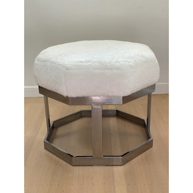 1970s Octagonal Chrome and Faux Shearling Stool in the Style of Milo Baughman For Sale - Image 4 of 11