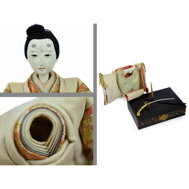 Mid 20th Century Handmade Hand Painted Japanese Imperial Court Hina Doll With Original Case Set of 5 Pieces For Sale - Image 13 of 16